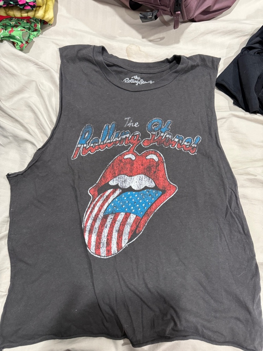 the Rolling Stones Black Tank with Red, Blue, White Graphic